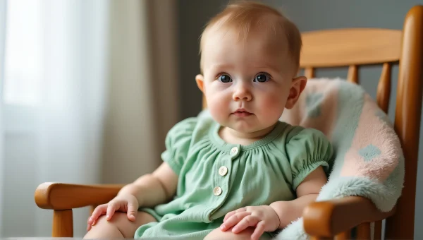 Infant Girl in Green Dress on Rocking Chair