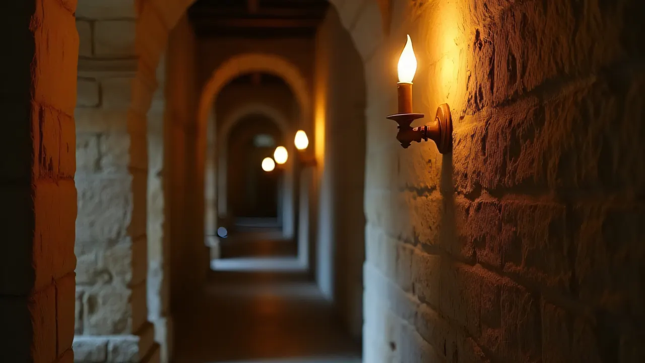 A stone corridor featuring a single lit sconce casting shadows on a plaster wall.