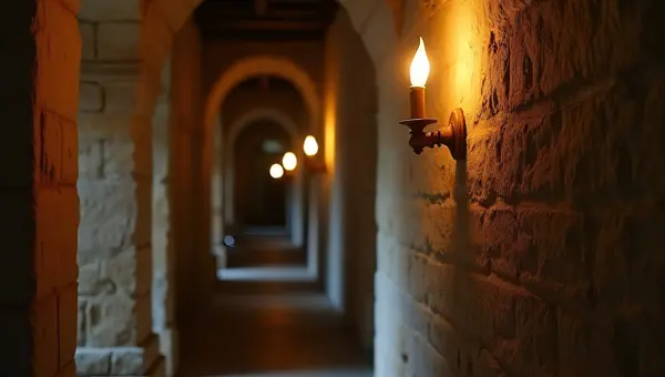 Interior Stone Corridor With Warm Sconce Lighting