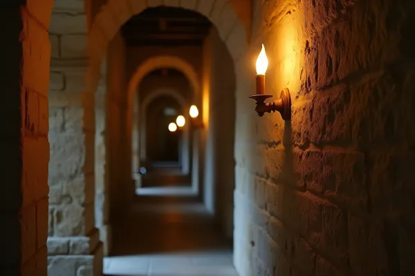 Interior Stone Corridor With Warm Sconce Lighting