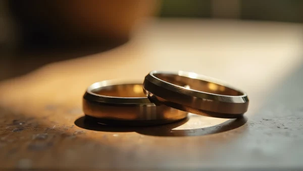 Interlocked Wedding Bands Close-Up on Wooden Table