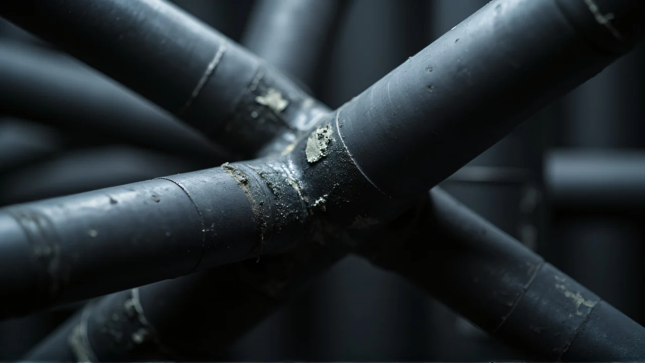 Close-up of interwoven black and gray pipes with textured surfaces.