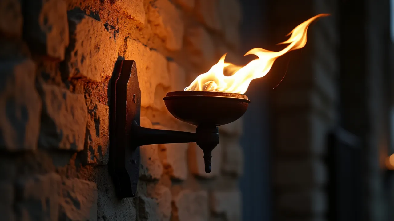 A close-up of an iron torch on a weathered stone wall casting shadows.