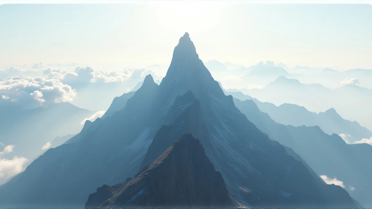 High-angle view of a jagged mountain peak surrounded by clouds.