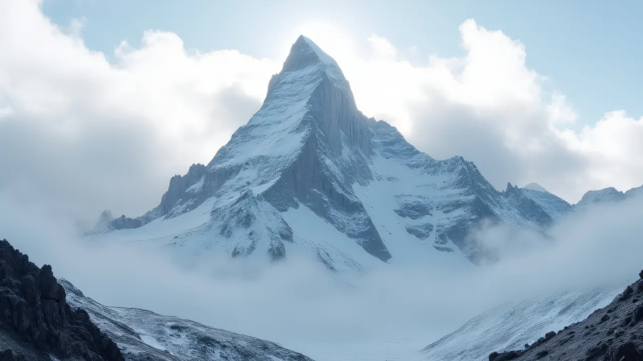 A jagged mountain peak rises above a misty valley with swirling clouds.
