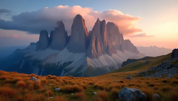 Jagged Mountain Range Sunrise Over Alpine Meadow
