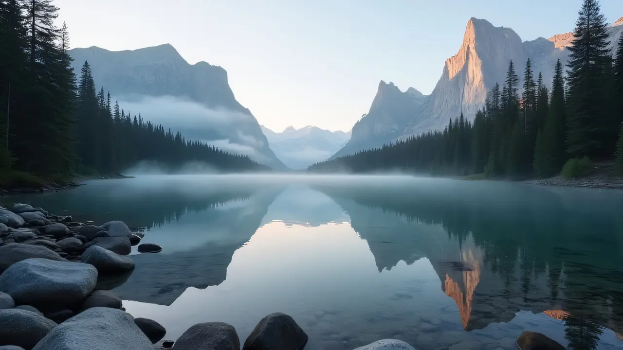 Wide-angle view of jagged mountains and pine trees around a calm lake at dawn with mist.