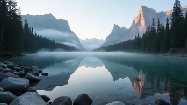 Jagged Mountains And Pine Trees Surrounding Lake