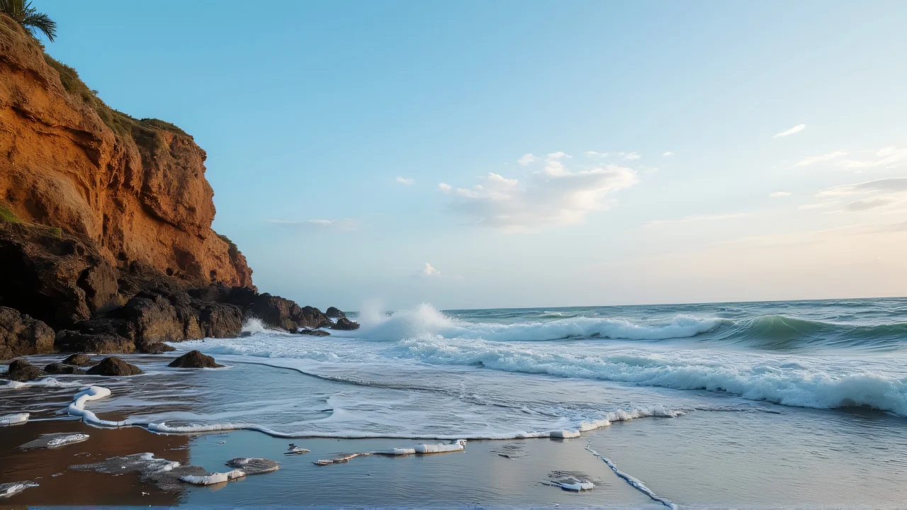 Low-angle view of jagged rocks next to turbulent sea with tide pools visible.