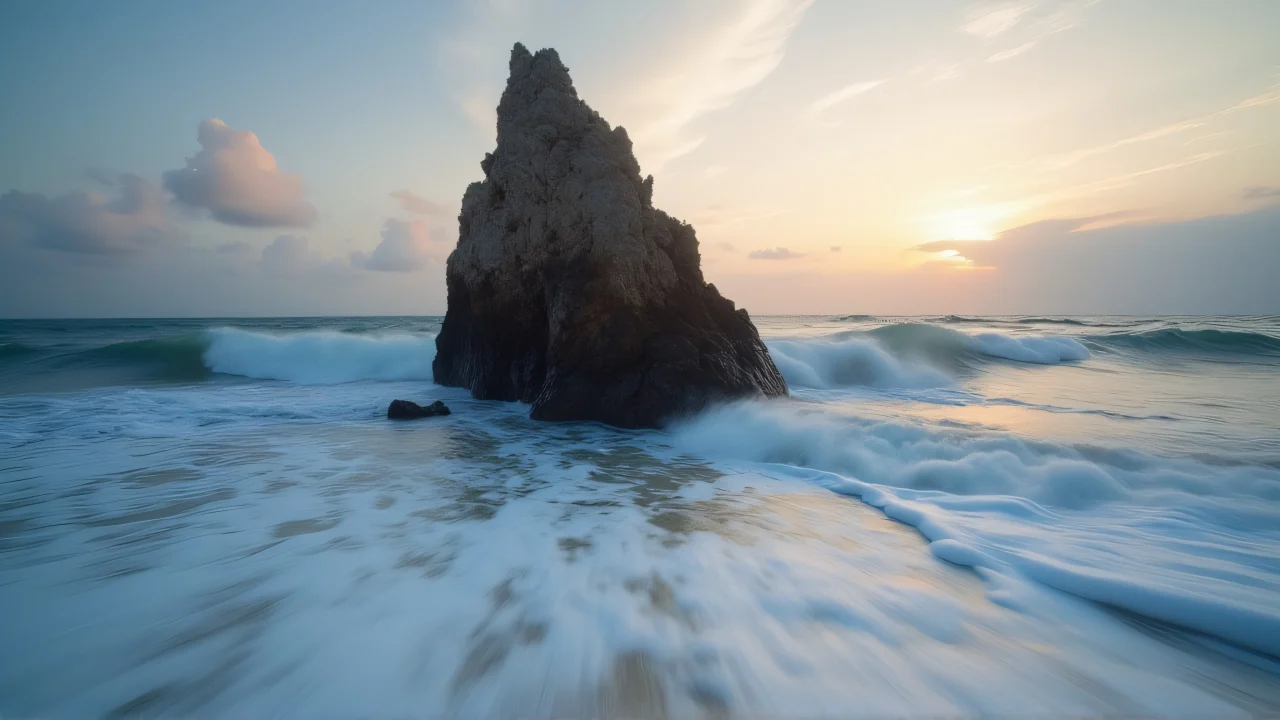 A jagged rock formation rises from churning sea waters at sunset.