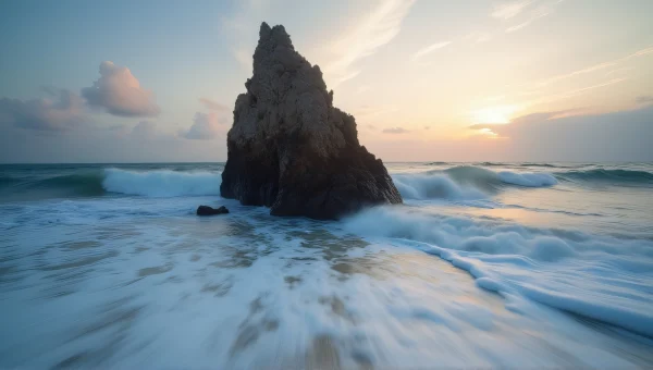 Jagged Rock Formation Over Churning Sea Waves