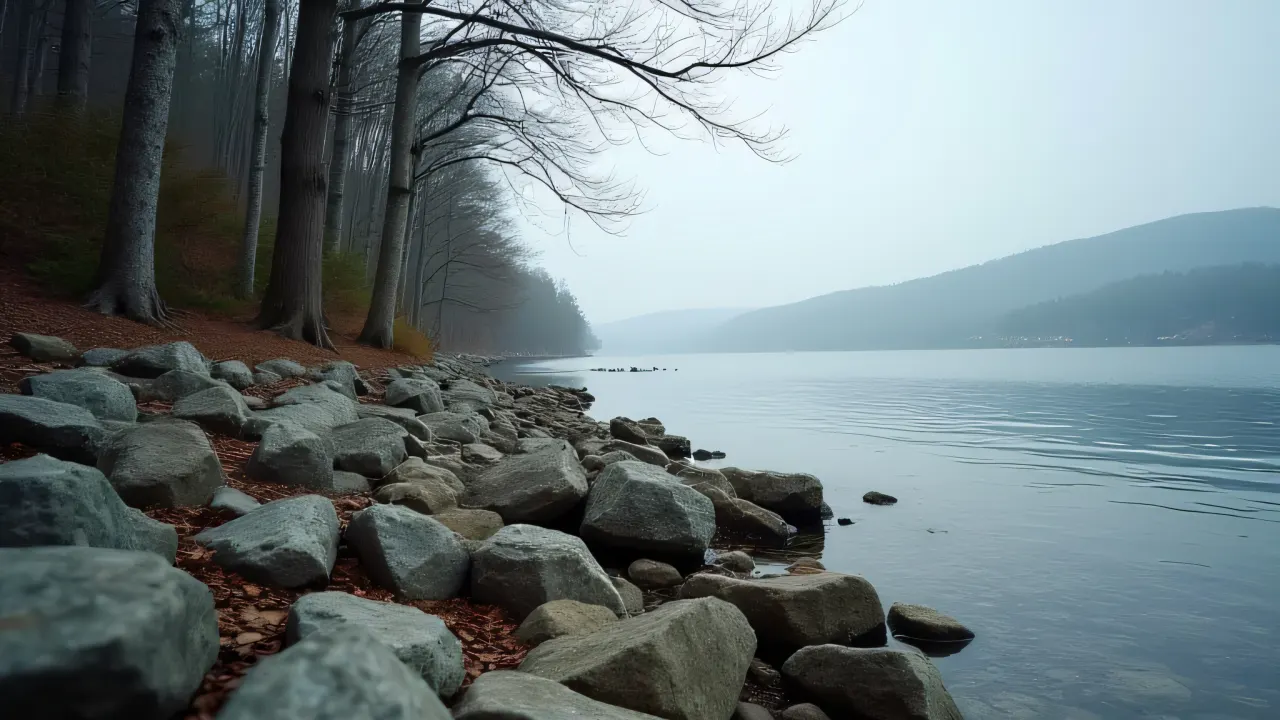 Low-angle view of jagged rocks beside a calm lake and tall trees.