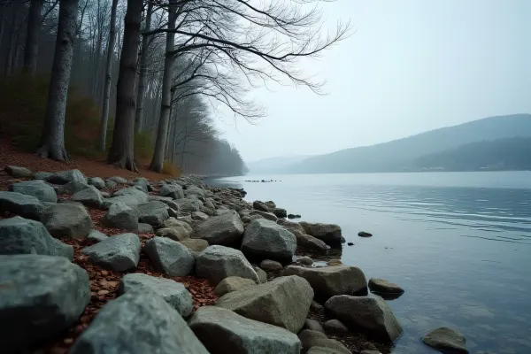 Jagged Rocks By Calm Lake With Tall Trees