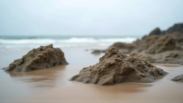 Jagged Rocks On Sandy Beach At Low Tide