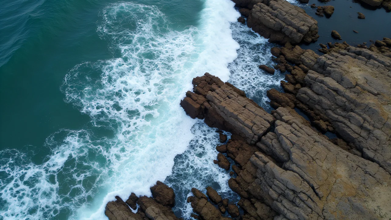 Aerial view of jagged rocky shore meeting turbulent ocean waves.