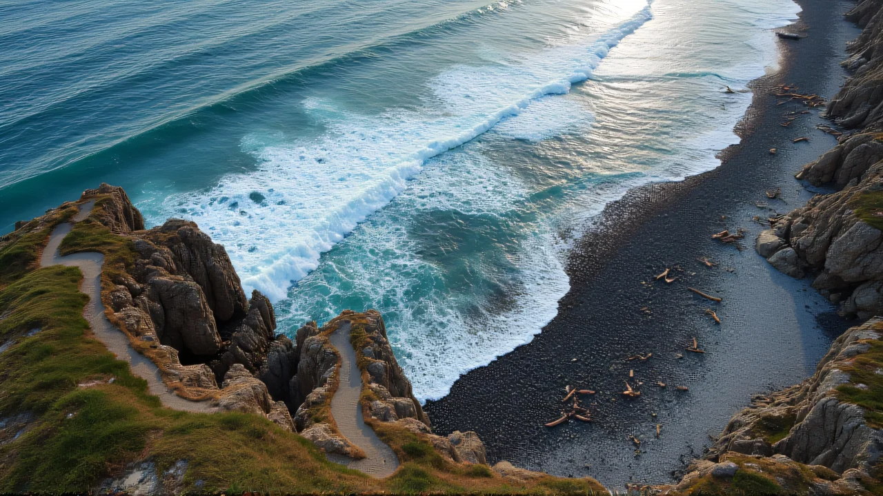 Aerial view of a rugged shoreline with waves and tidal pools.