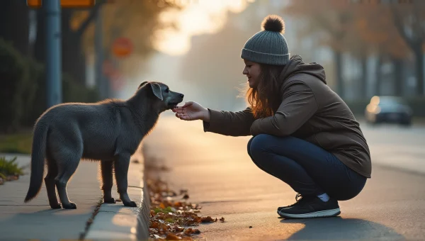 Kneeling Person Feeding Gray Animal Street Scene