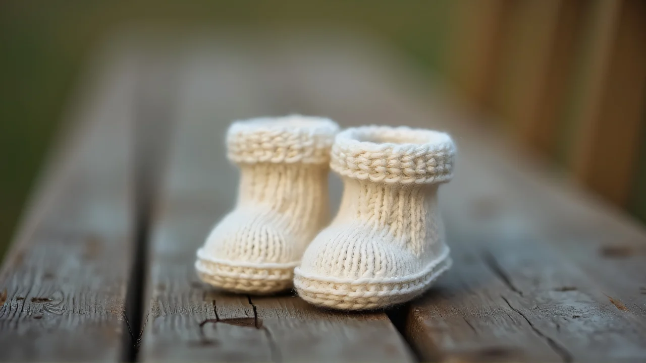 Close-up of knitted baby booties on a weathered bench.