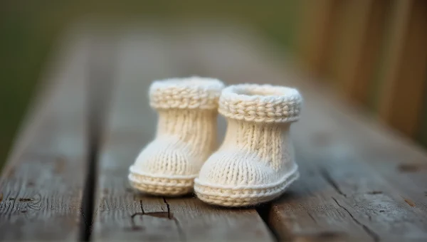 Knitted Baby Booties On Wooden Bench