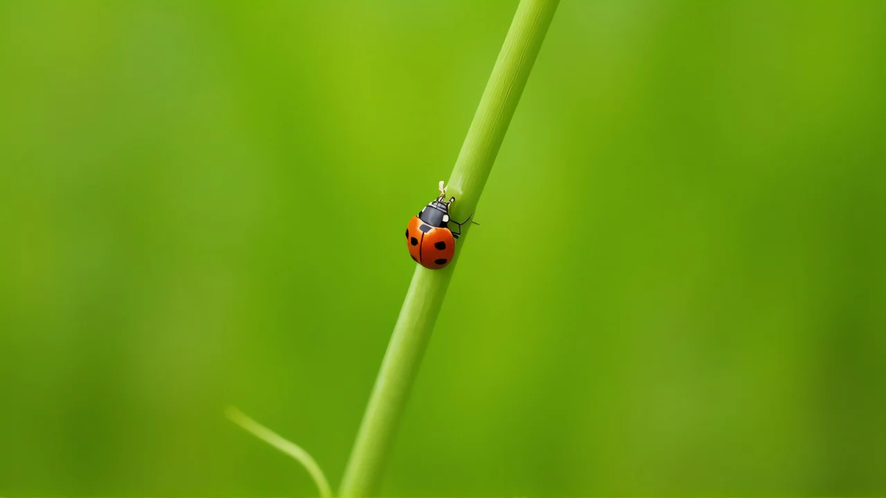 Close-up of a ladybird resting on a green stem with blurred background.