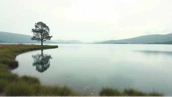 Lake Landscape With Grassy Meadow And Hills