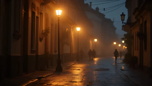 Lamp Post On Rainy Cobblestone Street At Midnight