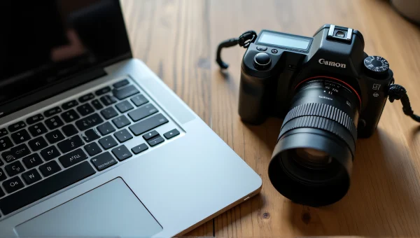 Laptop And Camera On Wooden Desk Close-Up