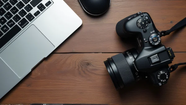 Laptop And DSLR Camera Flatlay On Wooden Desk