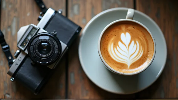 Latte Coffee Cup Retro Film Camera Rustic Table