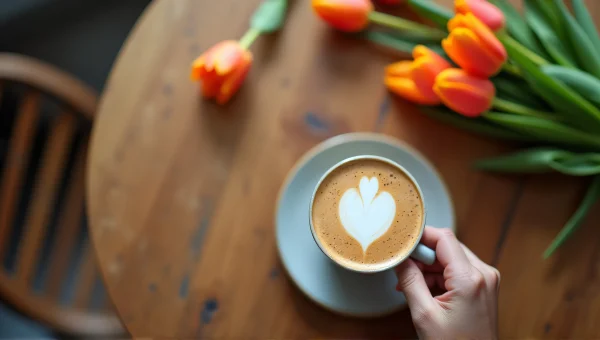 Latte Cup on Wooden Table with Tulips