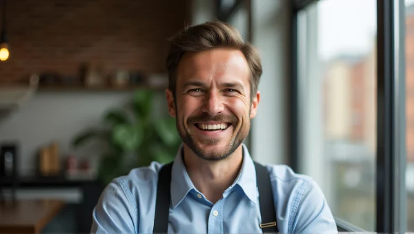 Laughing Man Portrait in Collared Shirt Suspenders