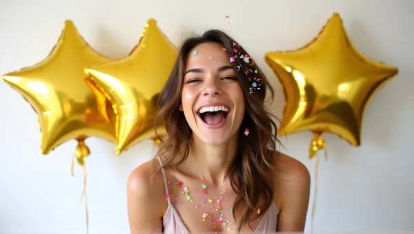 Laughing Woman With Confetti And Star Balloons
