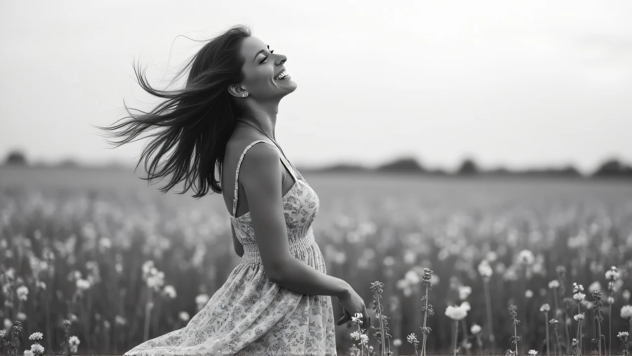 A woman in a floral dress laughing in a flower field.