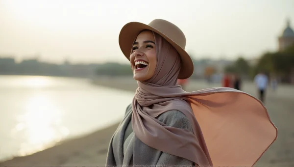 Laughing Woman in Hijab by Tranquil Lakeshore