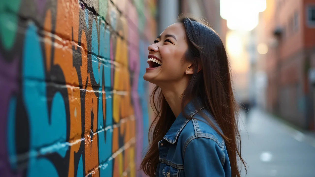 Side-profile shot of a laughing woman in front of graffiti.
