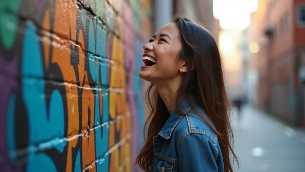 Laughing Woman Urban Graffiti Wall Portrait