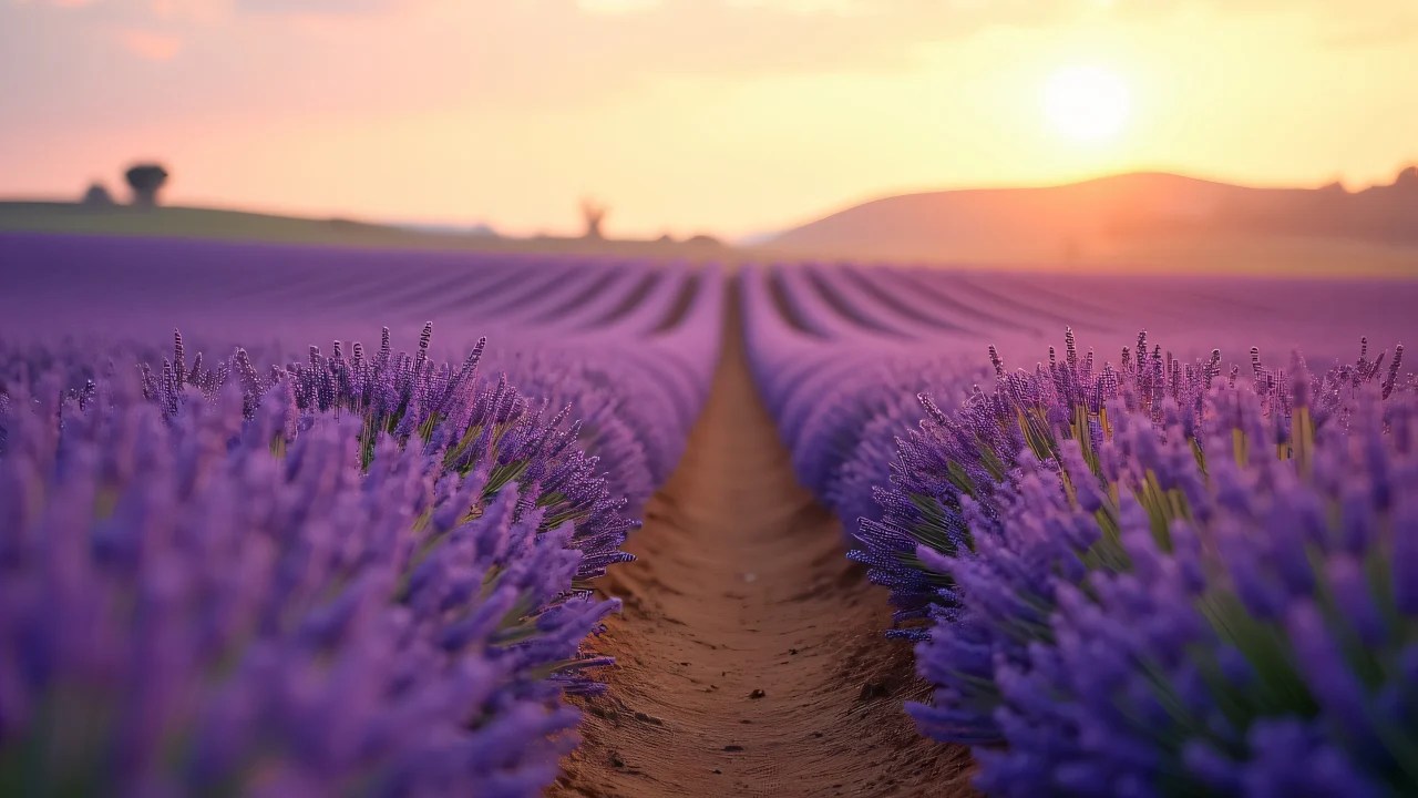 A low-angle view of a lavender field with a dirt path leading through vibrant blossoms and a wide sky.