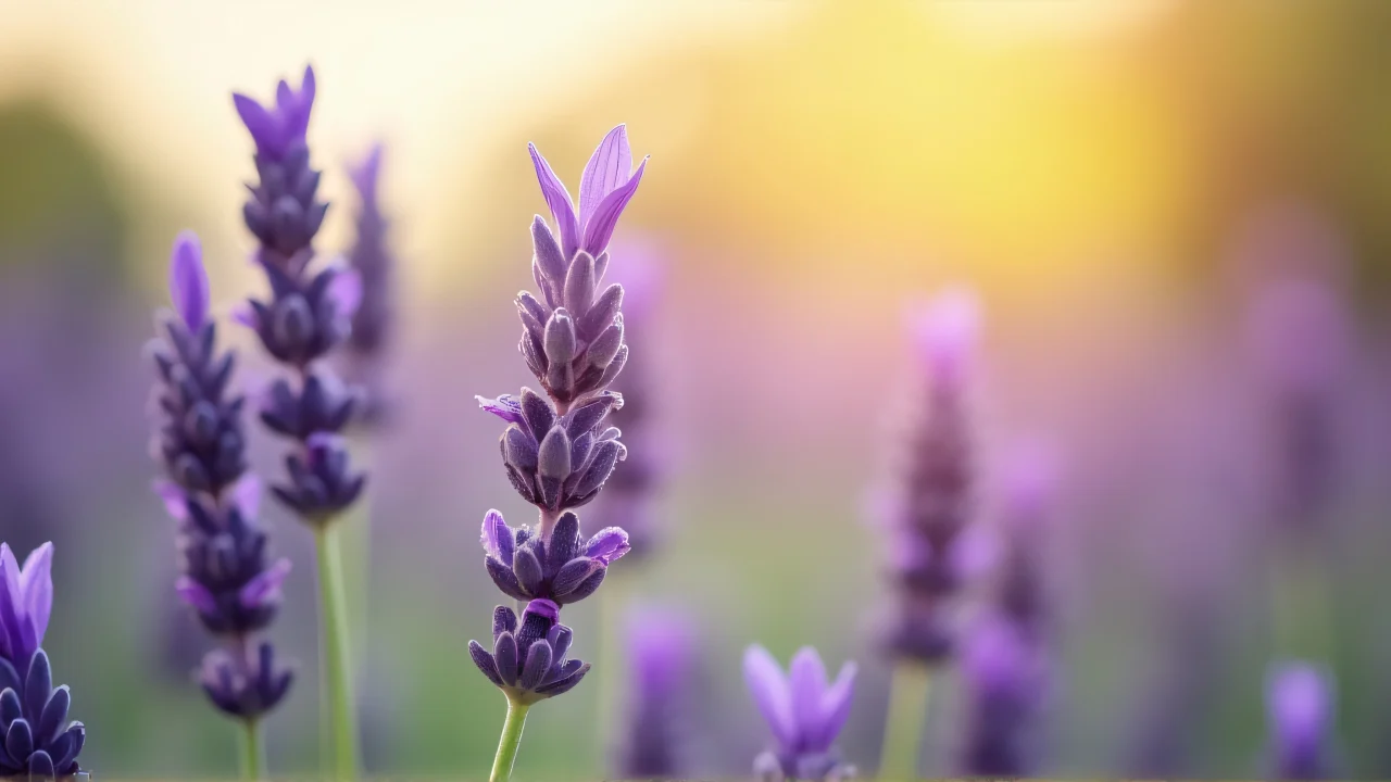 Close-up of blooming lavender stalks with a soft bokeh background and natural morning light.