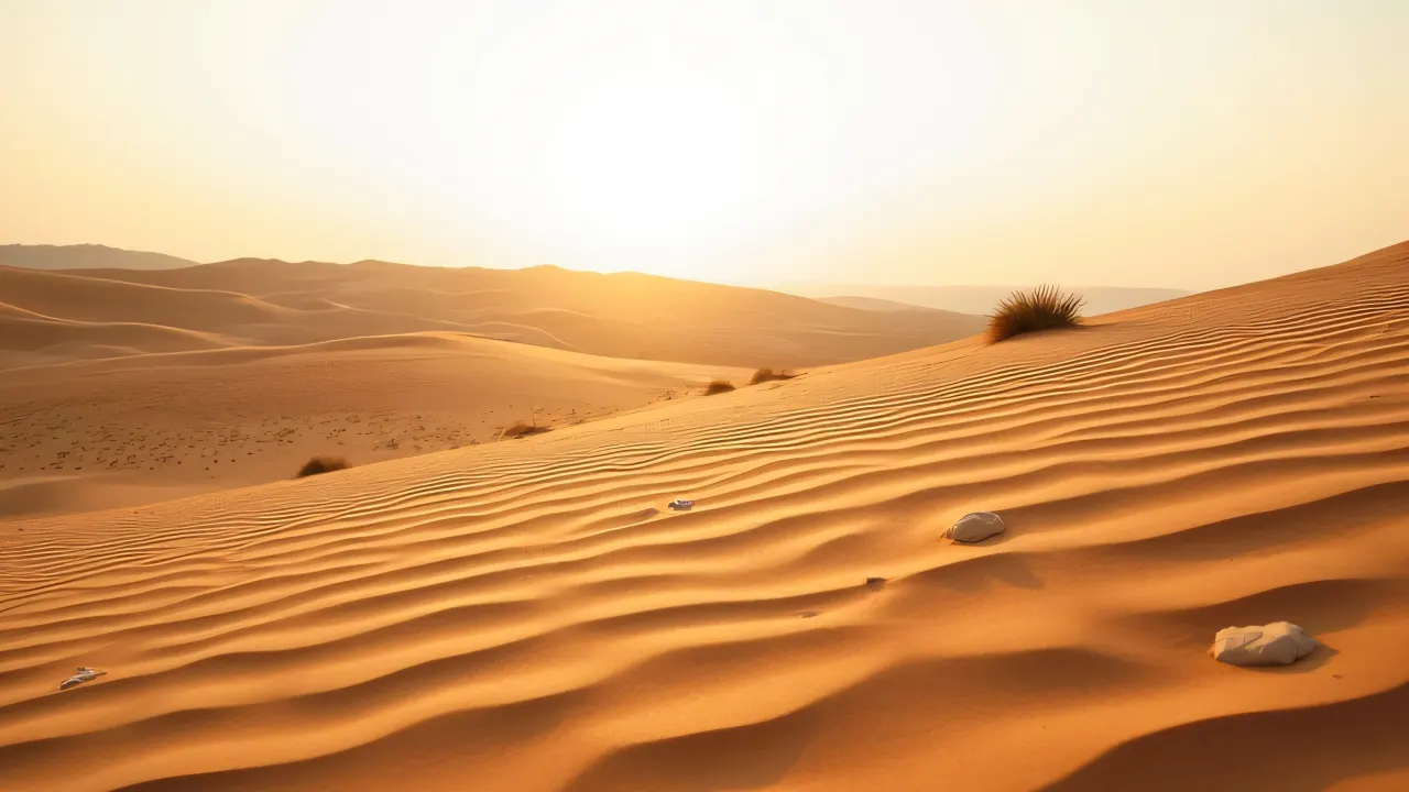 Low-angle view of a layered sand formation with sunlight casting soft shadows and sparse vegetation.