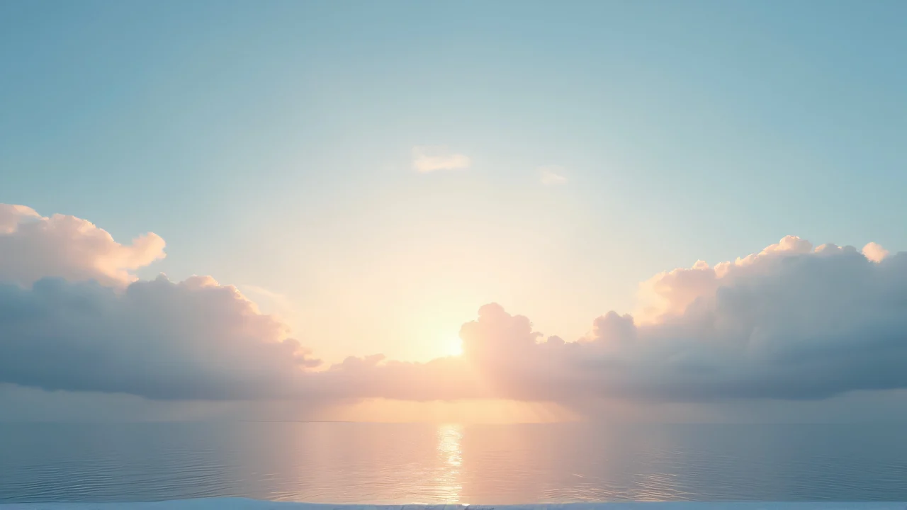 Wide-angle view of layered clouds at dawn over calm water.