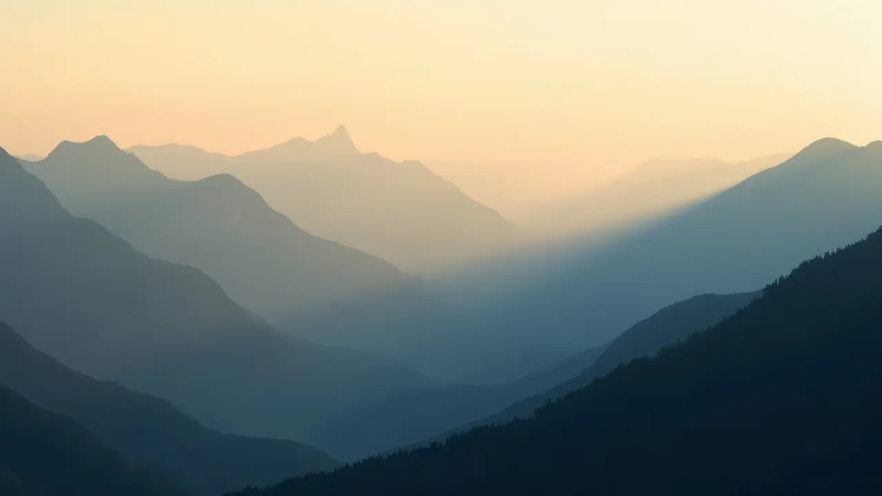 A breathtaking view of layered mountain ranges at dawn with mist in the valleys and a silhouette in the foreground.