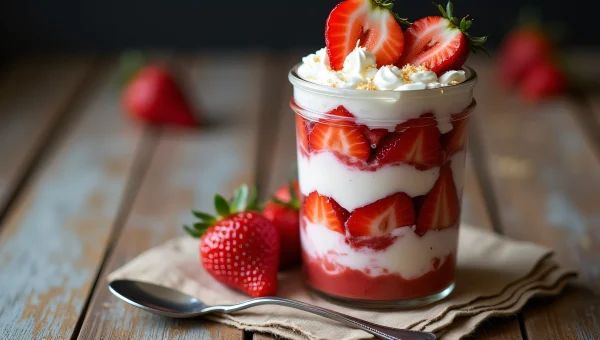 Layered Strawberry Dessert In Glass Jar