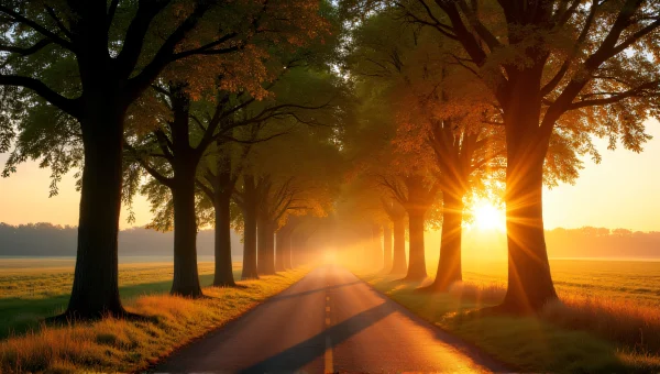 Leafy Trees Lining Country Road At Golden Hour