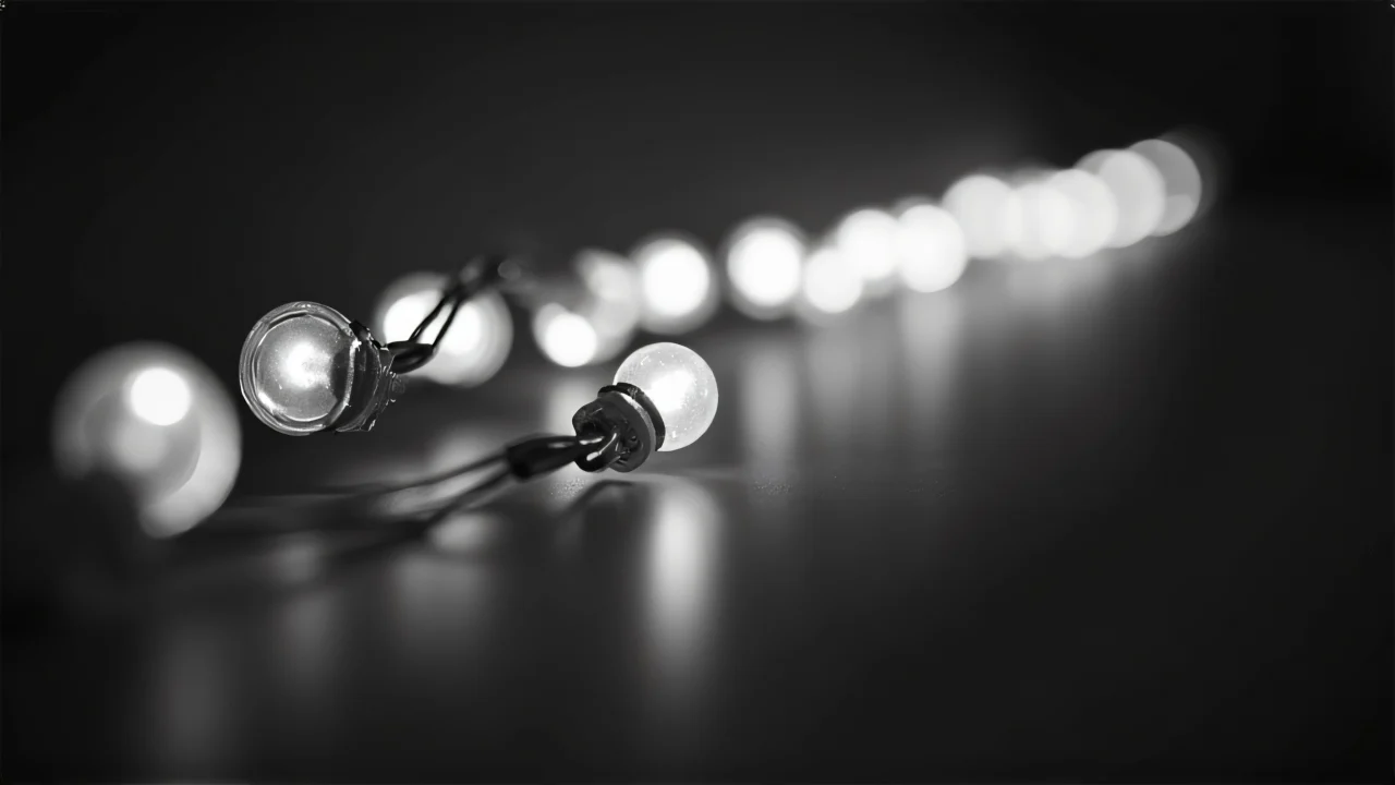 Grayscale image of LED lights in diagonal rows with soft bokeh effect.