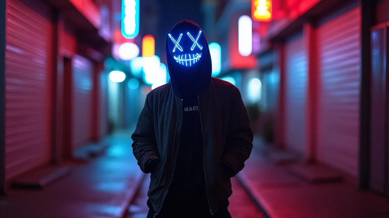 A performer in an LED mask stands in a neon-lit alley with rain-slick pavement reflecting colorful lights.