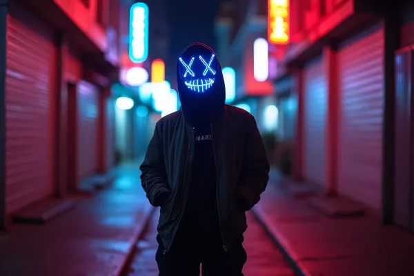 LED Mask Performer In Neon Alley At Night