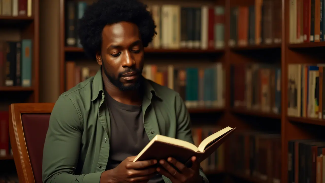Lemn Sissay engaged in reading quotes while seated in a library.