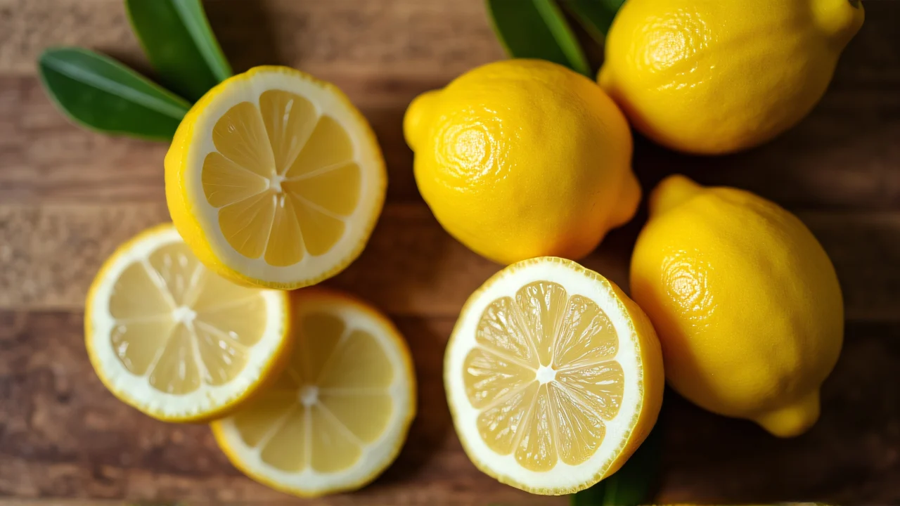 Sliced and whole yellow lemons on a wooden board.