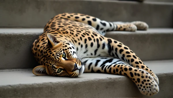 Leopard Resting on Concrete Stairs in Soft Light