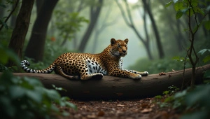 Leopard Resting On Log In Rainforest Clearing